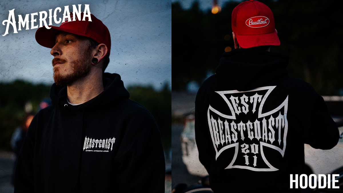 BeastCoast Americana Hoodie in black, front chest logo and back cross graphic