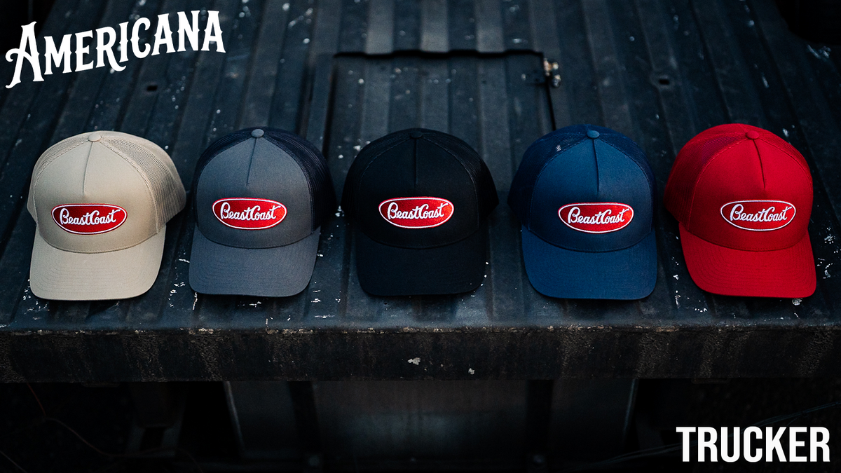BeastCoast Americana Trucker hats in tan, grey/black, black, navy and red