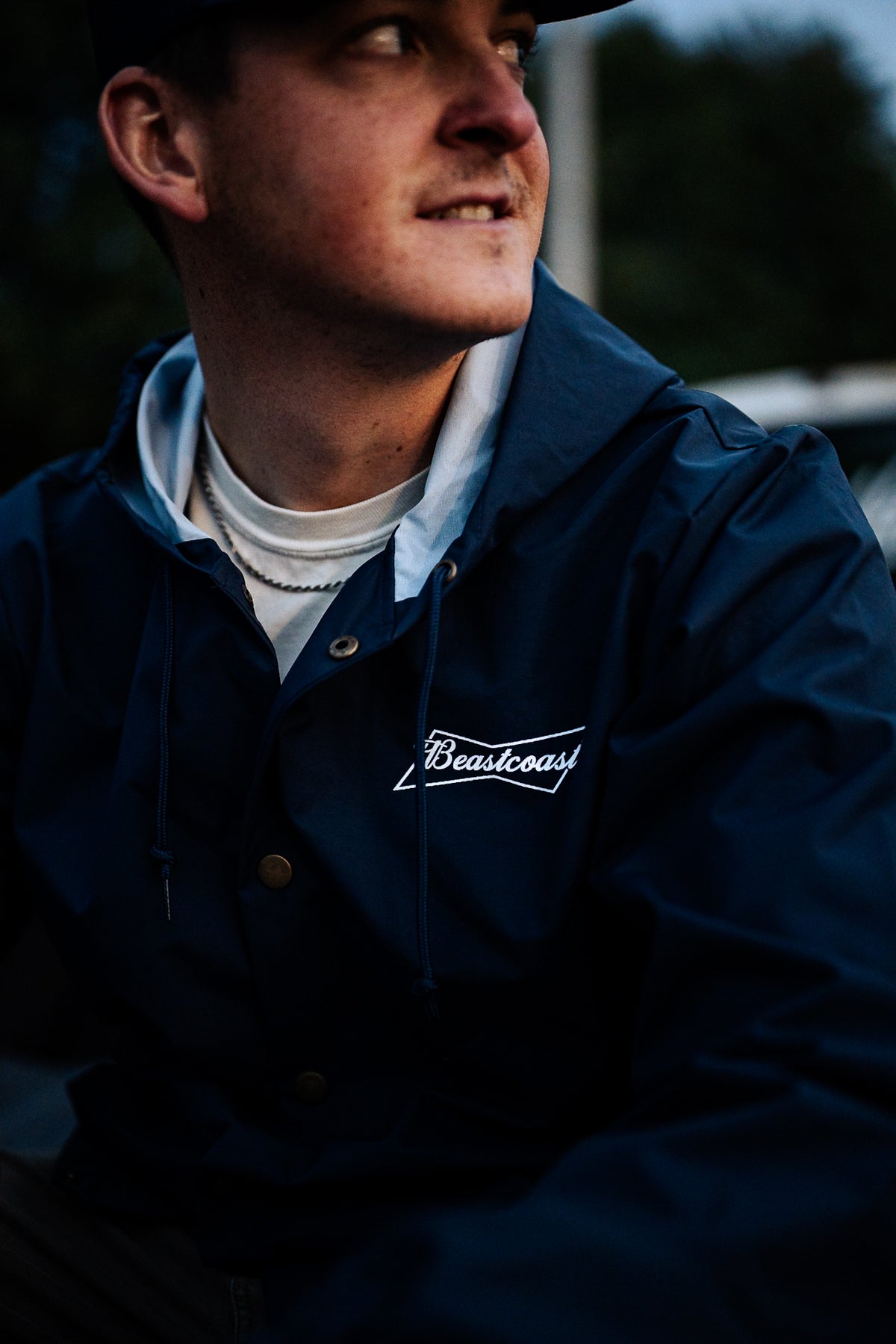 BeastCoast Americana Breaker jacket in navy, chest logo close-up