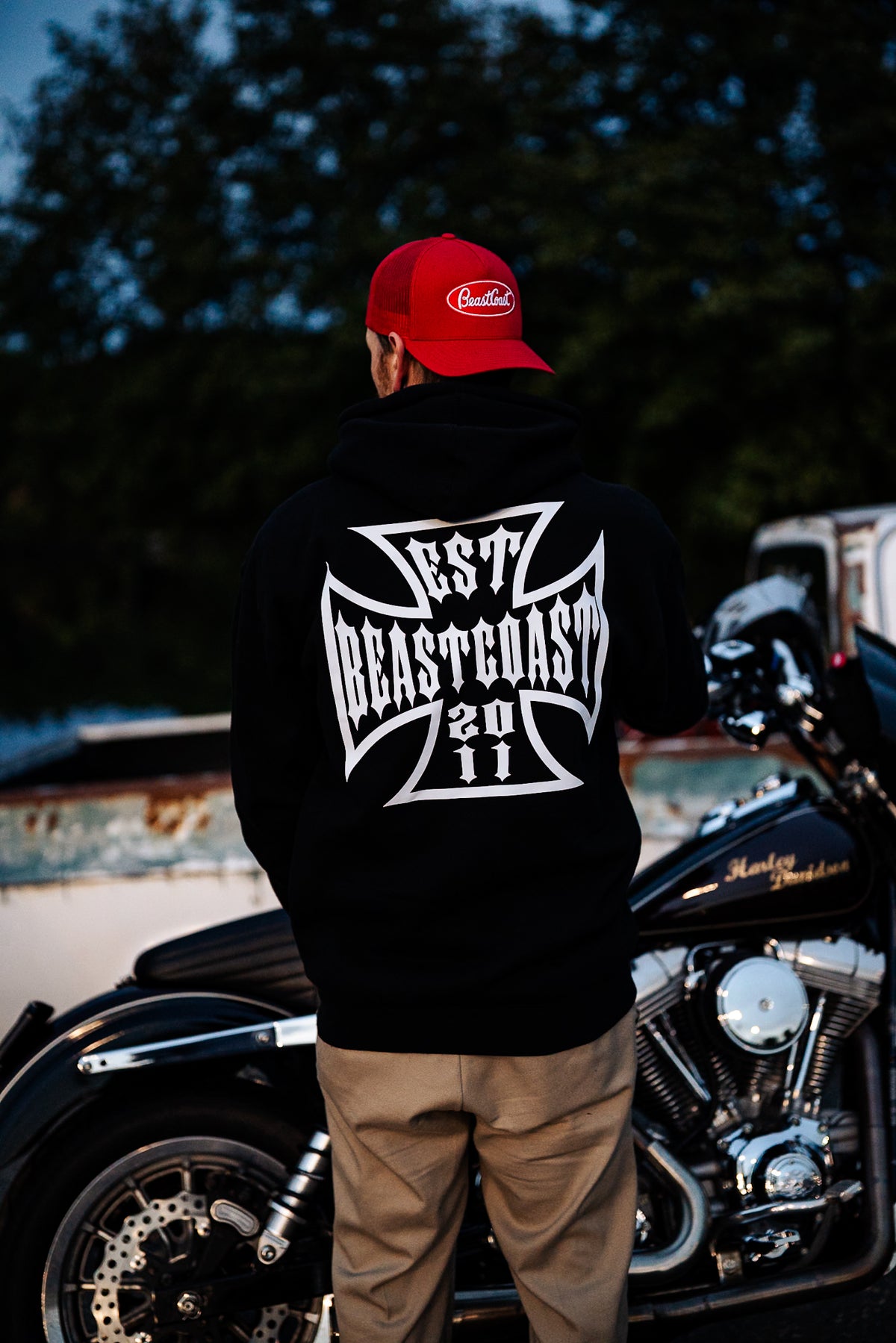 BeastCoast Americana Hoodie in black, back view with EST 2011 cross graphic
